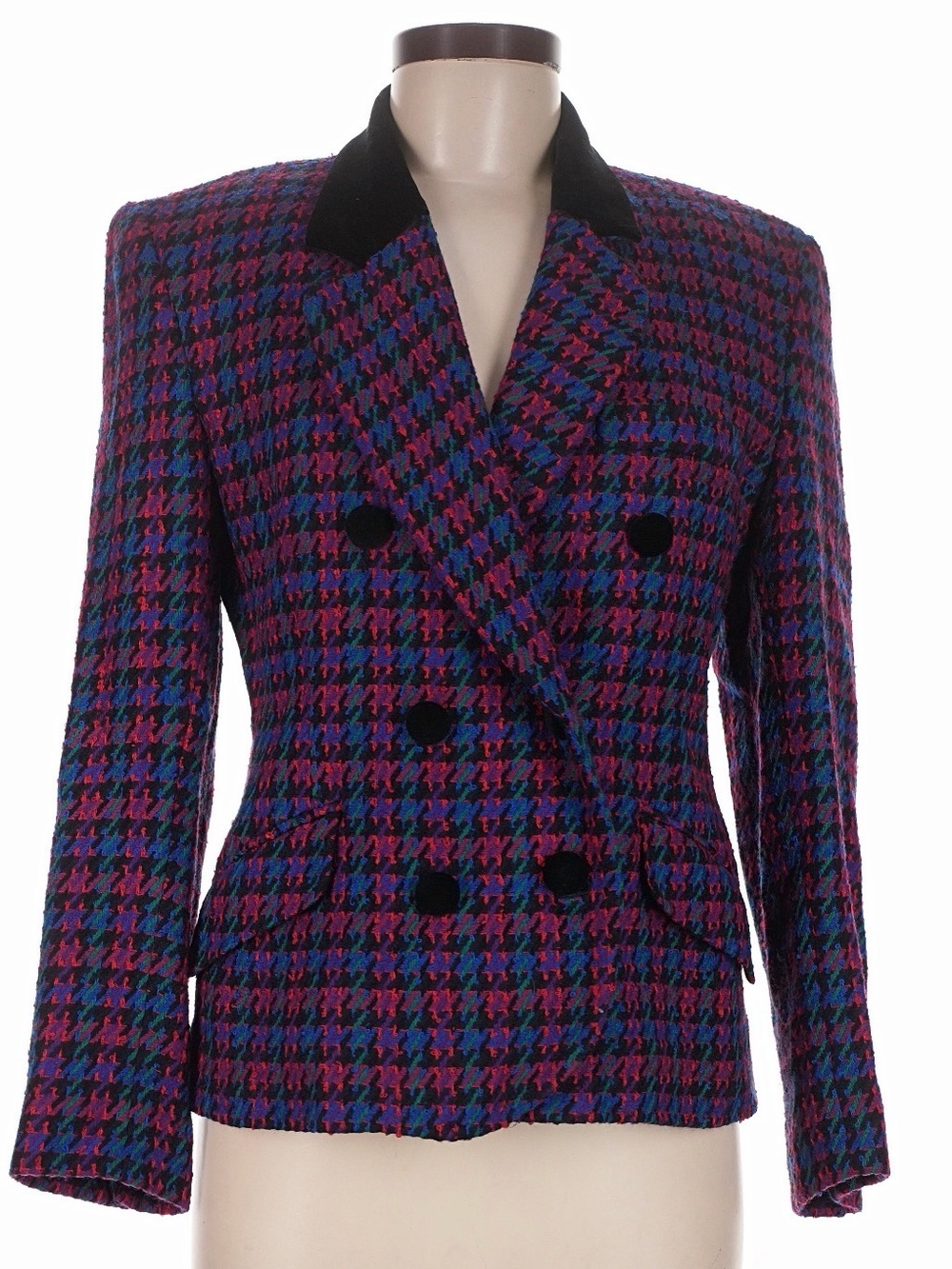 Vintage JH Collectibles Wool Houndstooth Blazer Velvet Trim Size 6